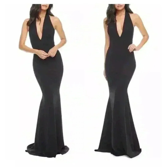 Dress the Population Iris Plunging Crepe Gown in Blue | UK